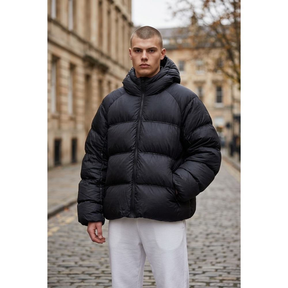 NWT Scuffers Marble Dark Grey Puffer Jacket Mens Medium Oversized Hooded Coat